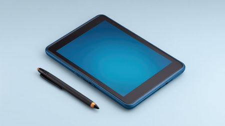 This image features a modern tablet with a blank screen and a stylish black pen, placed on a soft pastel background, perfect for showcasing creativity and digital innovation.の素材