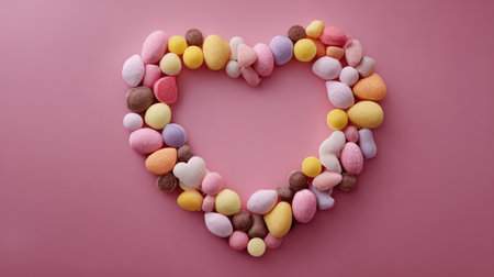 A vibrant arrangement of colorful candy pieces shaped into a heart on a pink background, perfect for celebrating love, joy, and sweet moments at various events.の素材