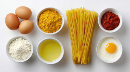 A visually appealing arrangement of fresh cooking ingredients including eggs, flour, pasta, oil, and spices, perfect for culinary projects and recipe inspiration.の素材