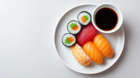 A beautifully arranged plate of sushi featuring various types of fish and vibrant accompaniments, served alongside a small bowl of soy sauce for a perfect dining experience.の素材