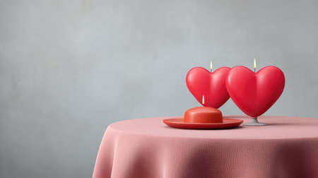 Heart-shaped candles on a table create a romantic atmosphere. This elegant setting is perfect for special occasions like Valentine's Day or intimate dinners.の素材