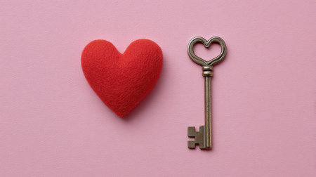 A charming composition of a red heart and a vintage key on a pink background, representing love and connection. Ideal for romantic themes or heartfelt occasions.の素材