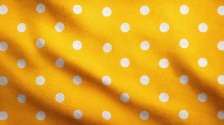 Dynamic yellow fabric features playful white polka dots, ideal for fashion, home decor, or creative projects. This vibrant pattern brings energy and joy to any design.の素材