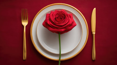 This stunning image features a single red rose elegantly placed on a white plate, paired with gold cutlery, ideal for setting a romantic and sophisticated dining atmosphere.の素材