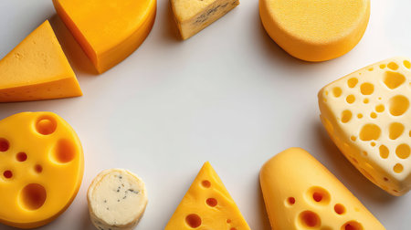 A vibrant arrangement of various yellow cheeses featuring different shapes and textures. Perfect for food photography, culinary creativity, and gourmet inspiration in cooking.の素材