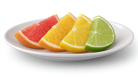 A vibrant display of citrus slices on a white plate showcasing the freshness and color of grapefruit, orange, lemon, and lime, perfect for a healthy diet or gourmet dish.の素材