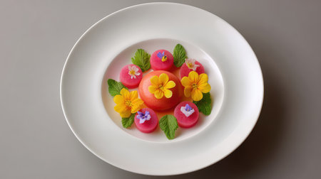 A striking dessert display featuring colorful sweets adorned with edible flowers and mint leaves, presented elegantly on a white plate, perfect for gourmet dining.の素材