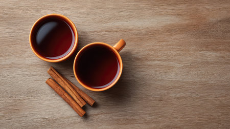 Two orange cups filled with aromatic tea sit on a wooden surface, accompanied by cinnamon sticks, creating a warm and inviting atmosphere perfect for relaxation.の素材