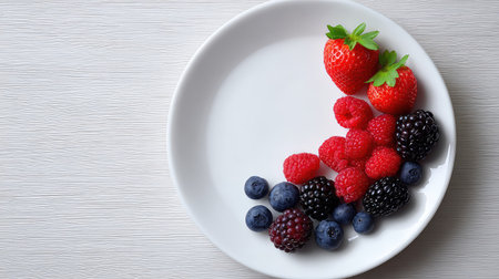 A vibrant composition featuring an assortment of fresh berries on a white plate. Perfect for promoting healthy eating, summer flavors, and enticing food imagery.の素材