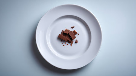 A minimalist arrangement showcasing dark chocolate pieces on a clean white plate, set against a soft blue backdrop, perfect for culinary and dessert-themed projects.の素材