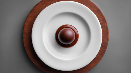 A stunning minimalist presentation featuring a chocolate sphere on a white plate atop a wooden board, perfect for gastronomy projects and culinary art showcases.の素材