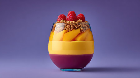 A vibrant and tempting layered dessert showcasing creamy mango and raspberry, topped with crunchy granola. Perfect for summer gatherings and delightful culinary photography.の素材