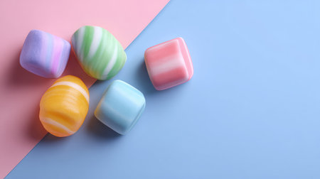 Vibrant and decorative soaps in various pastel colors are arranged on a soft blue and pink background, ideal for spring-themed aesthetics, spa settings, or wellness promotions.の素材