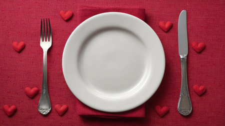A beautifully arranged romantic dinner setting featuring a white plate, elegant silver cutlery, and red heart decorations, ideal for creating a warm and intimate atmosphere.の素材