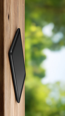 A sleek tablet rests against a natural wooden surface, surrounded by a lush blurred greenery, showcasing a perfect blend of technology and nature, ideal for modern lifestyle themes.の素材