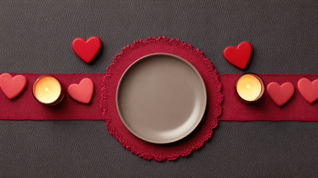 Create a romantic atmosphere for a special dinner with this elegant setup featuring a candlelit table adorned with heart-shaped accents and a charming plate.の素材