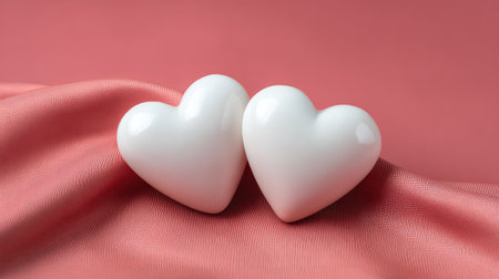 Two elegant white hearts rest on a soft coral fabric, symbolizing love and affection. Ideal for romantic themes such as weddings, anniversaries, and special celebrations.の素材