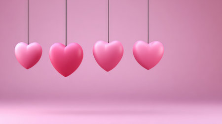 Four vibrant pink hearts hang gracefully in front of a soft pink background, symbolizing love and affection, ideal for romantic themes in various creative projects.の素材