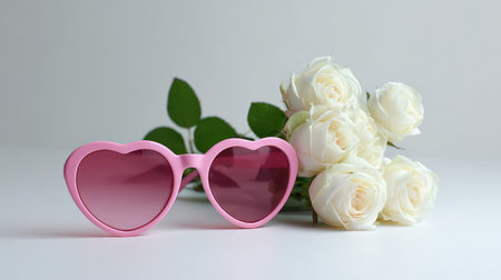 Playful pink heart-shaped sunglasses sit next to a delicate bouquet of white roses, creating a charming and romantic scene on a soft, minimalistic background.の素材