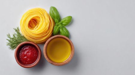 Capture the essence of cooking with vibrant ingredients including pasta, olive oil, and tomato sauce, along with fresh basil, perfect for food enthusiasts and culinary projects.の素材