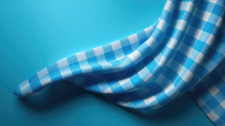 A vibrant blue and white checkered fabric drapes gracefully, creating a visually appealing texture on a bright blue surface, ideal for creative and textile projects.の素材