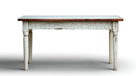 A charming vintage wooden table showcasing a distressed texture with cracked white paint and a natural wood top, perfect for enhancing rustic or modern spaces.の素材