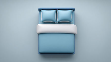 A serene blue bed with soft pillows and a cozy blanket showcases modern design, perfect for a peaceful bedroom atmosphere and interior inspiration.の素材