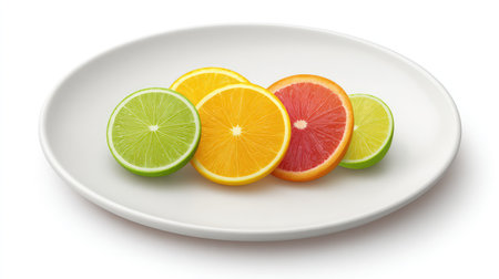 A beautiful arrangement of freshly sliced citrus fruits on a sleek white plate, showcasing vibrant colors and enticing textures, ideal for healthy culinary presentations.の素材