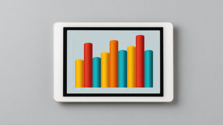 A digital tablet showcases a vibrant bar graph representing data trends in a sleek workspace, emphasizing modern technology and insightful business analysis.の素材