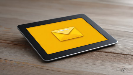 A sleek tablet features a bright yellow envelope icon on its screen, representing digital communication. Ideal for themes of technology, business, and marketing.の素材