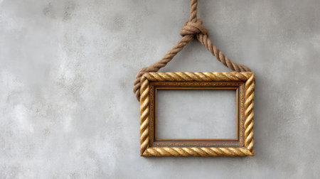 A hanging frame with rope detail on a vintage painted wall, creative blank space conceptの素材