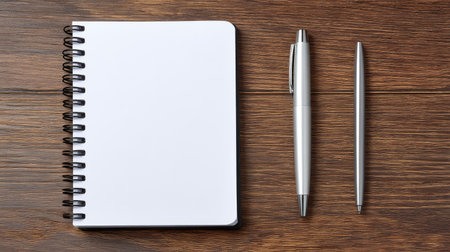 One spiral notebook laid flat on a table with copy space on both sides for design elementsの素材