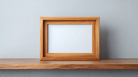 One empty wooden picture frame mounted alone on a large solid wall with plenty of copy spaceの素材