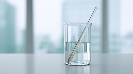 One glass rod stirrer placed beside a beaker on a bright clean lab tableの素材