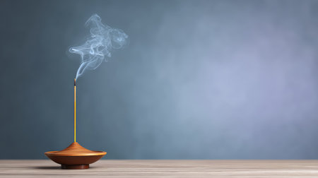 One modern incense holder with burning incense on a table, calm zen home theme with copy spaceの素材