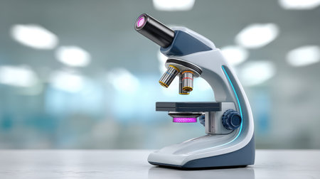 One microscope positioned on a clean laboratory surface, bright lighting with surrounding spaceの素材
