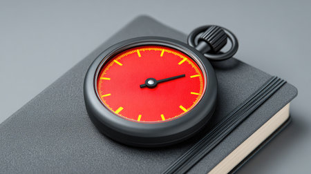 One stopwatch or timer placed on a lab notebook, isolated timing device with room to designの素材
