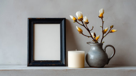 One traditional frame leaning beside a candle on a shelf with soft neutral backgroundの素材