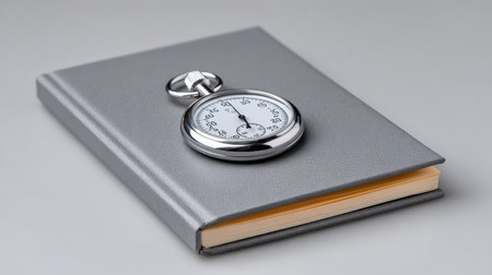 One stopwatch or timer placed on a lab notebook, isolated timing device with room to designの素材