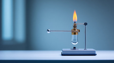 One test tube clamp resting on a lab bench beside a Bunsen burner, clean background with spaceの素材