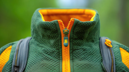 One vestibule zipper detail shown with fabric overlap, camping equipment macro shot with spaceの素材