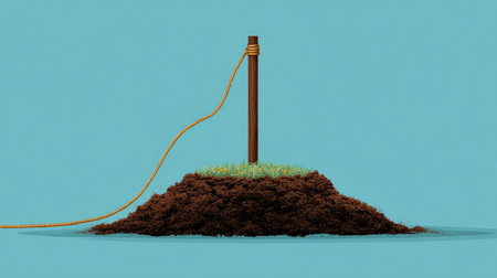 One tent stake partially embedded in the soil with a rope attached, clean background and open spaceの素材