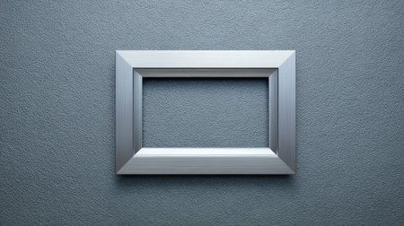 A horizontal picture frame resting flat on a gray textured surface, soft shadows with spaceの素材