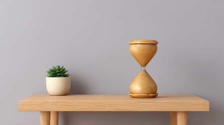 A minimalist hourglass on a light wooden desk with surrounding blank spaceの素材