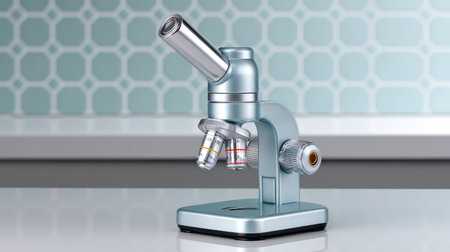 A refractometer tool placed on a reflective lab bench, isolated with clean layoutの素材