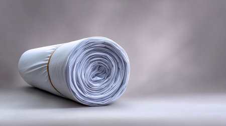 A rolled thermal tent liner secured with elastic band, placed on neutral background with spaceの素材