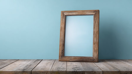 A rustic vintage frame leaning against a pastel-colored wall on a wooden floor, copy space includedの素材