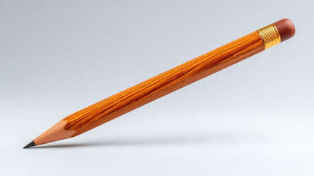 A single wooden pencil lying diagonally on a clean white desk, simple stationery setup with ample copy spaceの素材