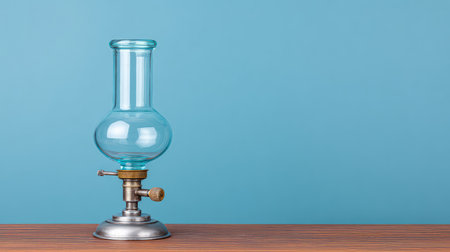 A single Bunsen burner with metallic stand placed on a table, scientific setup and copy spaceの素材