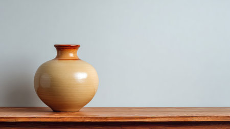 A single ceramic vase on a wooden table against a white wall, minimal home decor style with copy spaceの素材